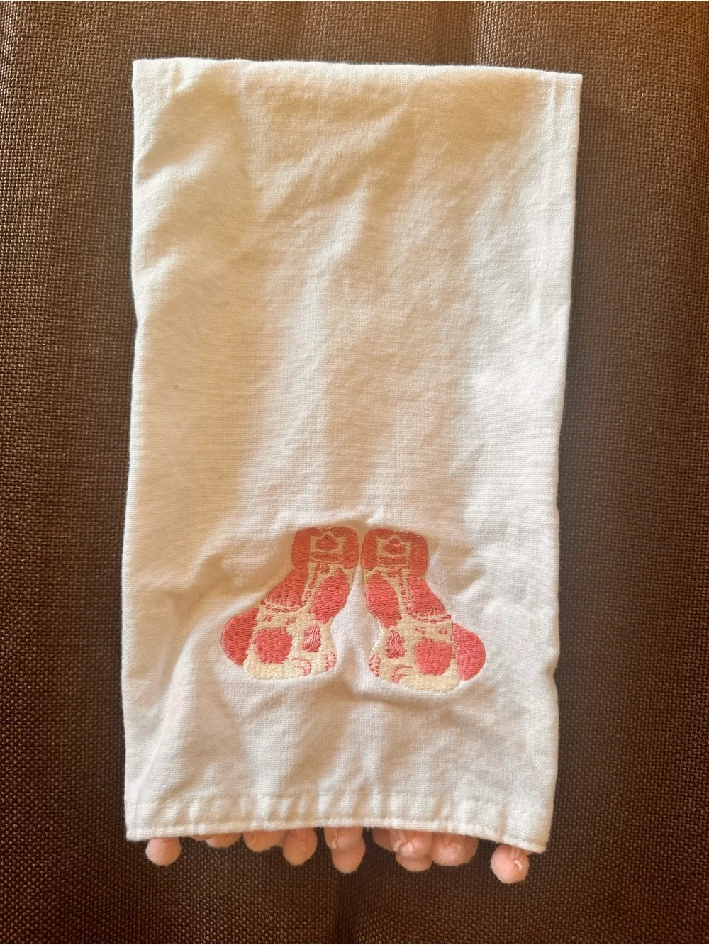 Pomegranate Chinoiserie Foo Dog Embroidered Hand Towel Pink Pom Pom Trim